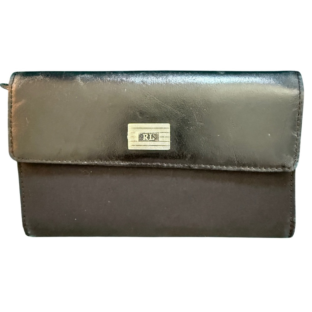 Ralph Lauren RL Black Leather Trifold Wallet Clutch Silver Logo Plate